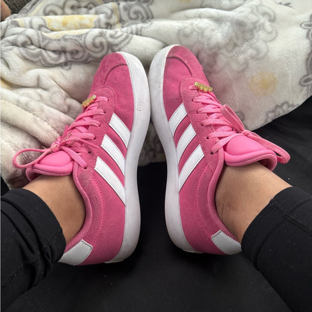 Adidas Pink and White Sneakers with Suede Upper and Classic Stripes